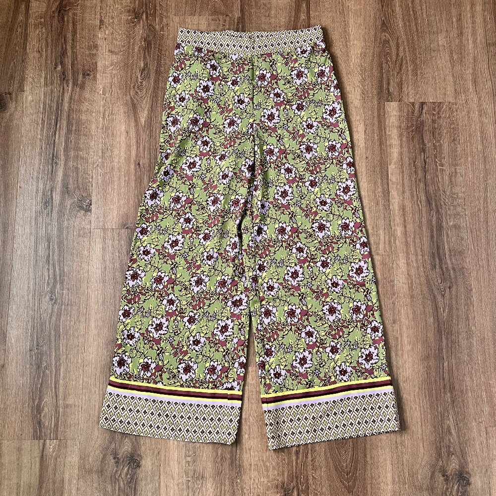 Cupcakes & Cashmere Green Purple Print Palazzo Wild Leg Pants Sz M - Picture 2 of 10